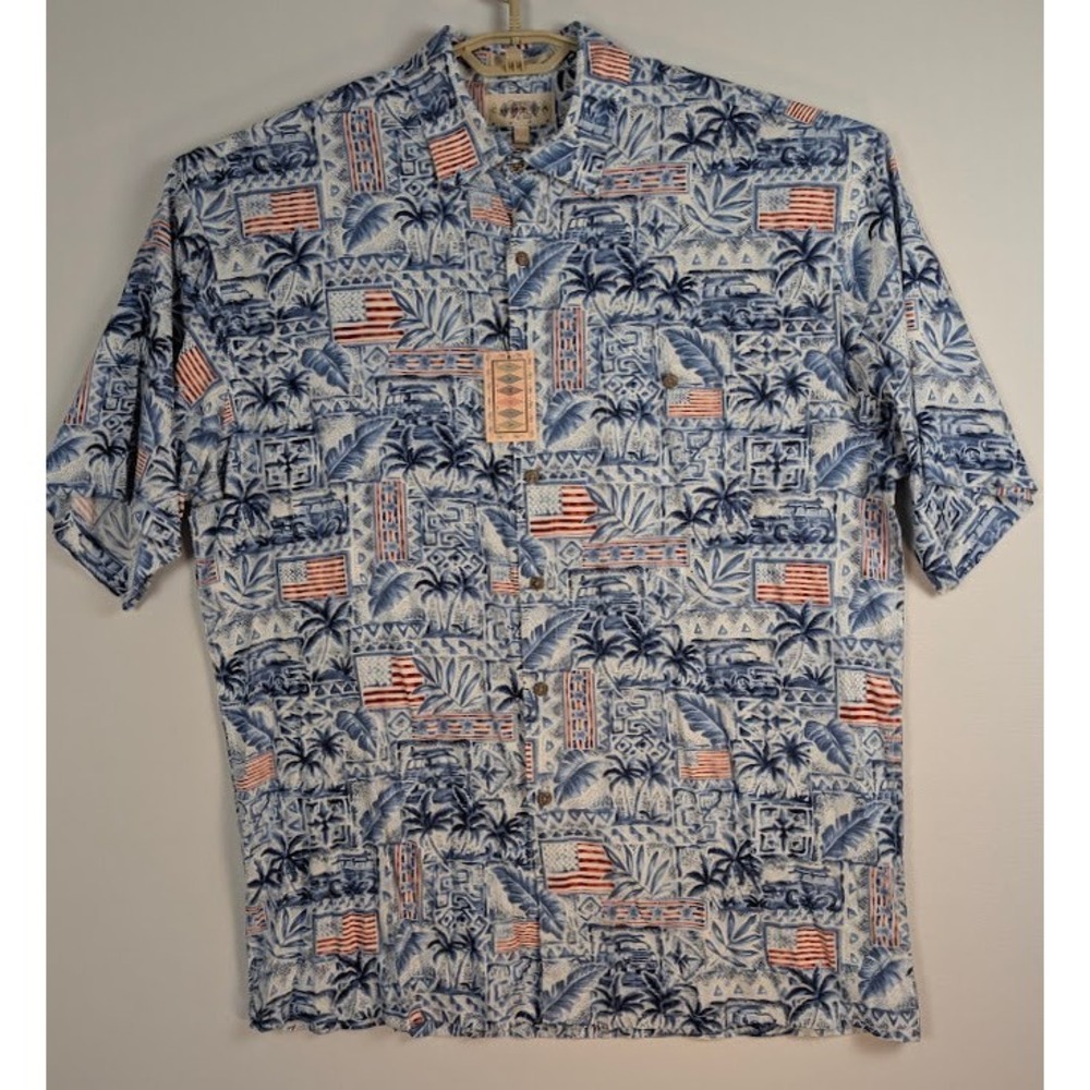 NWT Campia Moda Hawaiian Shirt Mens L Blue Patriotic USA Flag Palm Trees